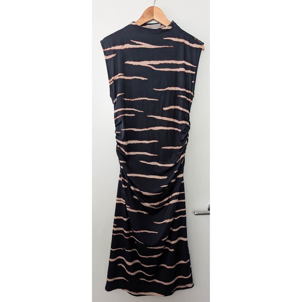 H&M Navy Beige Stripe Pattern Ruched Mock Neck Bodycon Sleeveless Midi Dress